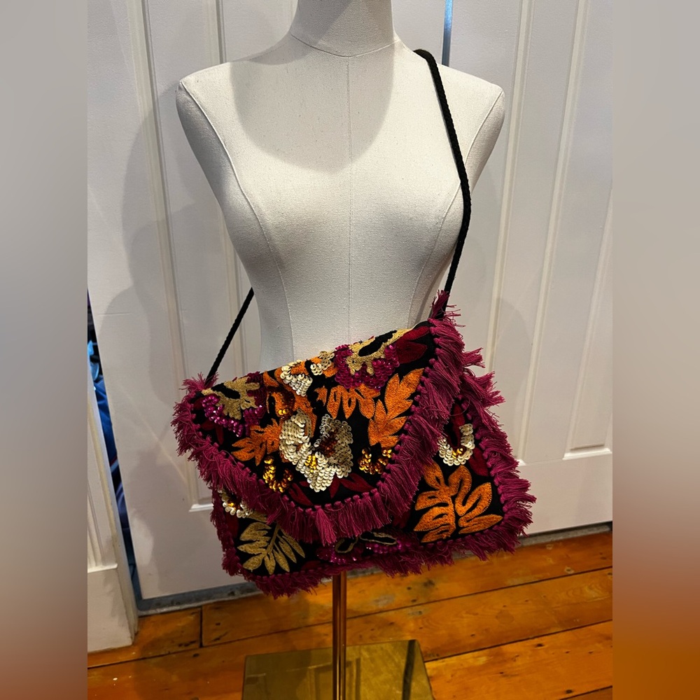 Floral Embroidered Crossbody Bag with Fringe